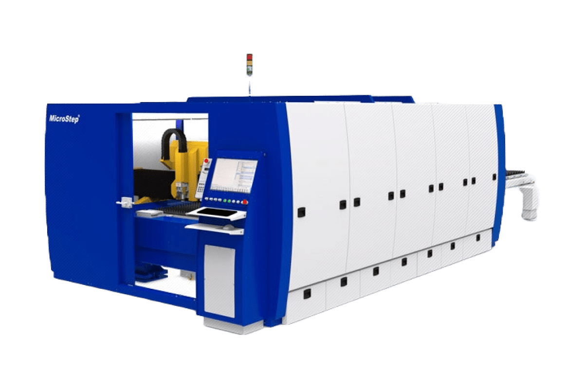En stor industriell CNC-maskin med blått och vitt exteriör, med kontrollpanel med digital display och knappar.