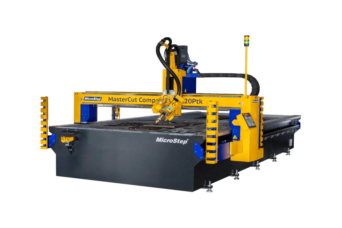 En stor industriell CNC-maskin märkt "MicroStep" med gula och svarta komponenter designade för precisionsskärning.