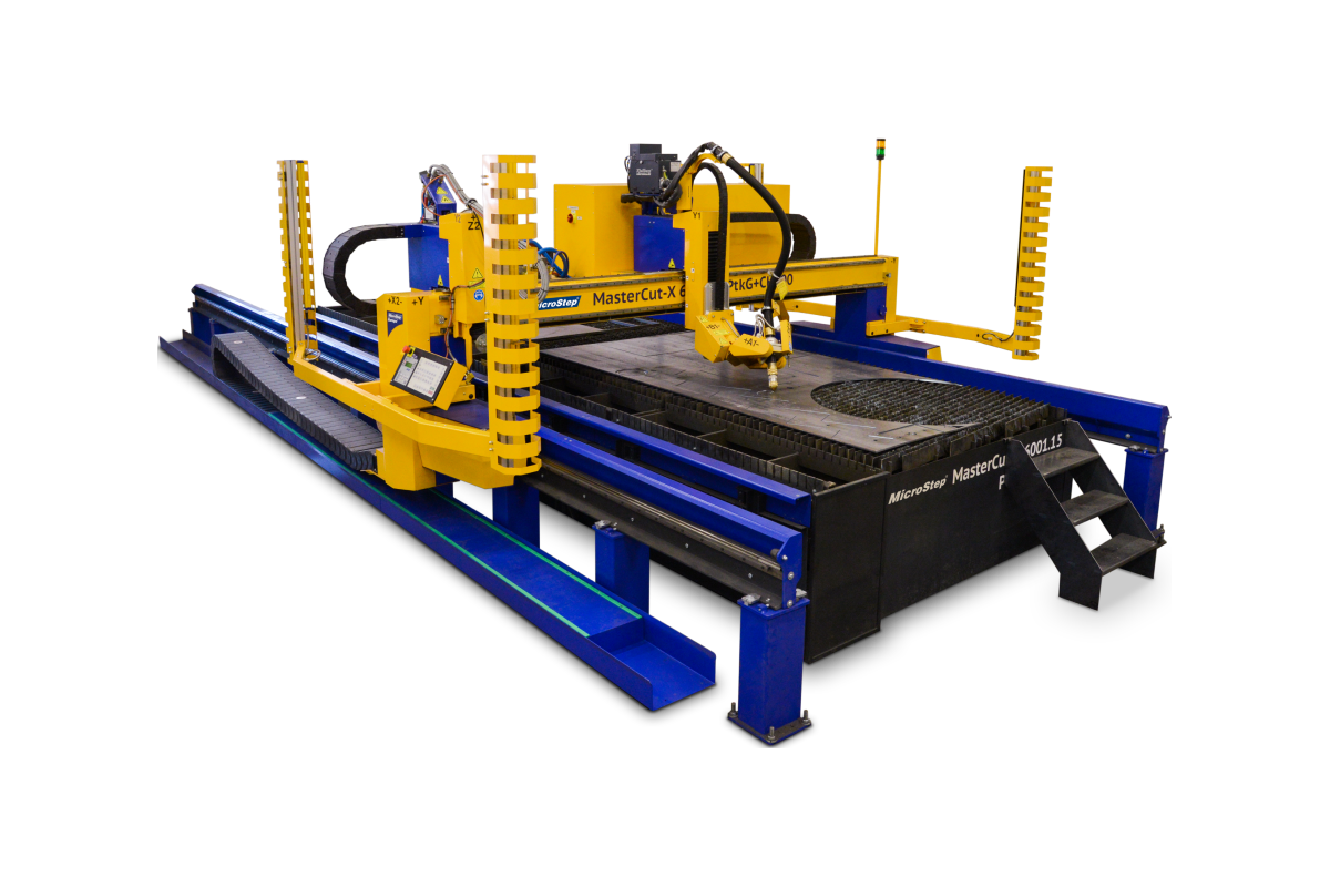 En stor industriell CNC plasmaskärmaskin med gula och blå komponenter, med skärbrännare och styrskenor.