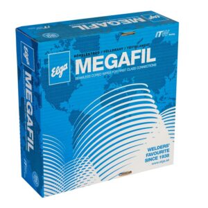 Blå låda av RÖRTRÅD 713R 16 KG, STEIN-MEGAFIL sömlös tråd med vit text och global grafik. Etiketten nämner "Welders' Favorite Since 1938" och produkten är från ITW-gruppen.