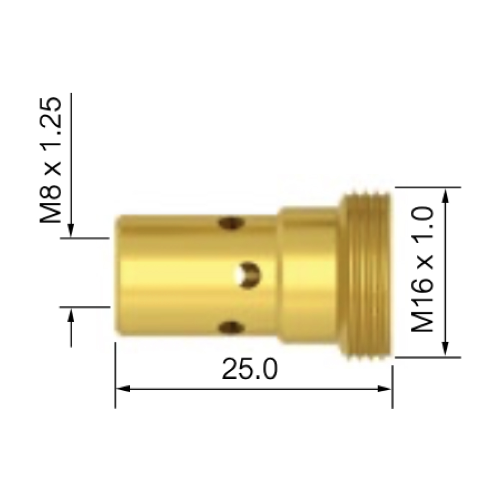 En guldfärgad gängad cylindrisk metallkomponent med måtten märkta som M8 x 1,25, M16 x 1,0 och en längd på 25,0 mm kallas Munstycksfäste SGB 401 W / 501 W M8 (MB401/501).