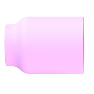 Ett cylindriskt föremål med en ljusrosa gradient från vänster till höger, med en avsmalnande ände på vänster sida och en plan yta på höger sida, mot en vit bakgrund. Produktnamn: Gaskåpa f. gaslins TIG-brännare 25 mm