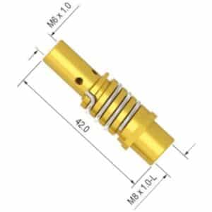 En metallisk cylindrisk komponent med dimensioner. Längden är 42,0 mm och har M6 x 1,0 gängning i ena änden och M8 x 1,0 gängning i andra änden, känd som Munstycksfäste SGB 150 A M6 (MB15).