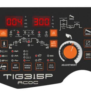 Kontrollpanel på en Jasic TIG 315 AC/DC Pulse MultiWave vattenkyld med vagn som visar olika inställningar, knappar och en central justeringsknapp med digital avläsning uppe till vänster.