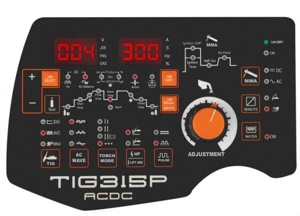 Kontrollpanel på en Jasic TIG 315 AC/DC Pulse MultiWave vattenkyld med vagn som visar olika inställningar, knappar och en central justeringsknapp med digital avläsning uppe till vänster.