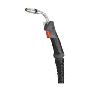 En närbild av en Parker MIG-brännare 240 A med svart handtag och orange avtryckare. Facklans munstycke är vinklat och metalliskt.