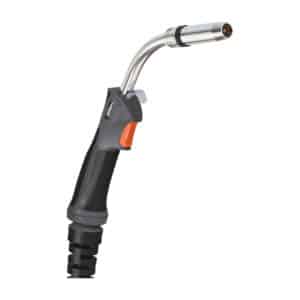 En närbild av en Parker MIG-brännare 360 A med svart handtag, orange avtryckare och metallmunstycke.