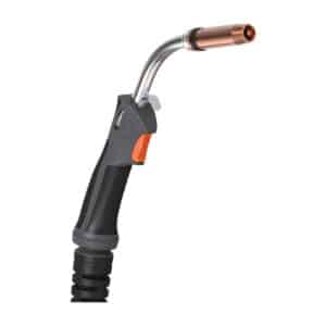 En närbild av en Parker MIG-brännare 501W med svart handtag, orange avtryckare och metallmunstycke.
