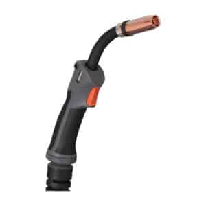 Närbild på en Parker MIG-brännare 555W med ett svart och grått handtag, en orange avtryckare och ett kopparmunstycke i änden.