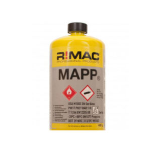 En gul flaska RIMAC professionella produkter märkt "Hand- och ytdesinfektion- helt utan alkohol" med farosymboler och säkerhetsinformation på framsidan.