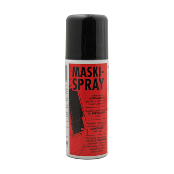 En metallsprayburk med svart lock och röd etikett med texten "Rengöringsspray för svets- och slipvisir" och produktanvändningsinformation.