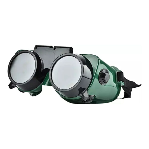 Ett par gröna svetsglasögon med svarta justerbara remmar och runda skyddslinser, SVETSGLASÖGON GW250 - 5 DIN.