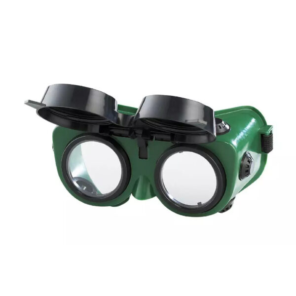 SVETSGLASÖGON GW250 - 5 DIN med uppfällbara mörka linser och en justerbar rem, designad för ögonskydd vid svetsuppgifter.