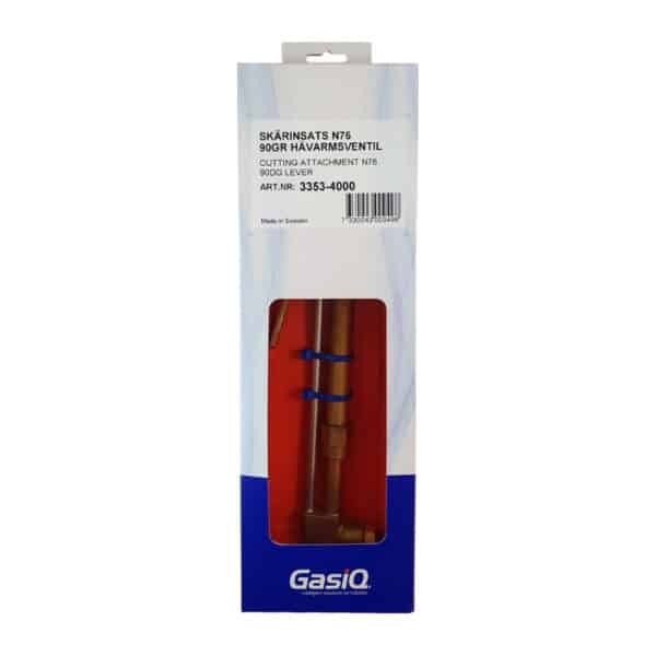 GasiQ skärfäste i originalförpackning, märkt "Skärinsats N76/X311 90° Hävsramsventil" med produktinformation inklusive "909G HÅRVARNSVENTIL" och "Art.nr: 3353-4000.