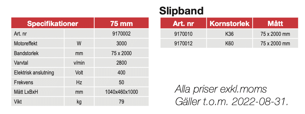 Specifikationstabell för Bandslip FEMI 75X2000 med detaljer inklusive modellnummer, motoreffekt, dimensioner och priser gäller till 2022-08-31.