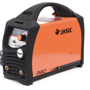 En orange och svart JASIC PRO ARC 160 PFC MMA Strömkälla JA-160PFC svetsmaskin med handtag på ovansidan, kontrollpanel framtill, och kablar som sticker ut bakifrån. Modellnamnet "ABC160" är synligt på kontrollpanelen.