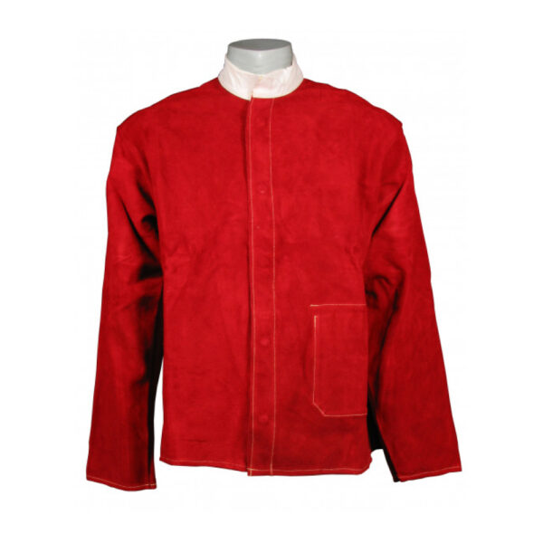 En Svetsjacka i rött läder med vit krage, knapp framtill och en enkel framficka på vänster sida.