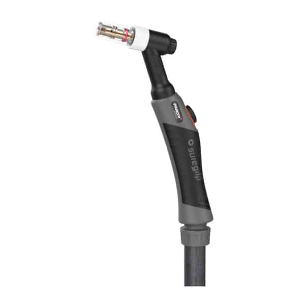 Ett TIG-paket Parker Suregrip One TIG 18FX 380 En vattenkylt med ett svart och grått handtag märkt "Suregrip", med en röd knapp och ett metallmunstycke upptill.