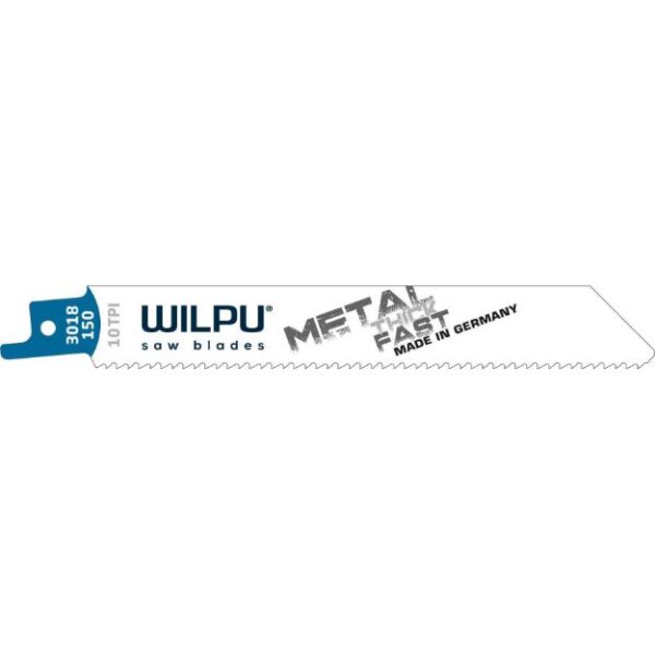 Ett Wilpu sågblad 3018/150 mm 10 TPI 5-pack märkt "WILPU", "METAL" och "MADE IN GERMANY" med specifikationerna "3018", "150" och "10-14 TPI" på vit bakgrund.