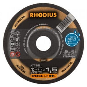 En cirkulär RHODIUS KAPSKIVOR XT38 125x1,5x22,23 (50:a) slipskiva med specifikationer tryckta på ytan, med "XT38", "125x1,5", "Stainless Steel" och en "Hydro Protect"-etikett.