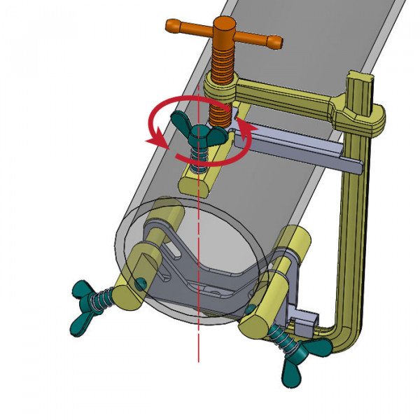 Datorstödd design (CAD) bild av en STRONGHAND FIXERINGSTVING FÖR RÖR 50-100MM uppsättning för att hålla ett cylindriskt föremål. Diagrammet inkluderar vingmuttrar, en T-handtagsskruv och en röd pil som anger rotationsriktning.