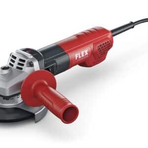 Röd och svart FLEX 1300 Watt vinkelslip med borstlös motor, 125 mm L 13-10 125-EC med sidohandtag, slipskiva, och nätsladd.