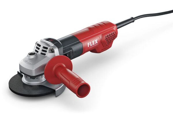 Röd och svart FLEX 1300 Watt vinkelslip med borstlös motor, 125 mm L 13-10 125-EC med sidohandtag, slipskiva, och nätsladd.