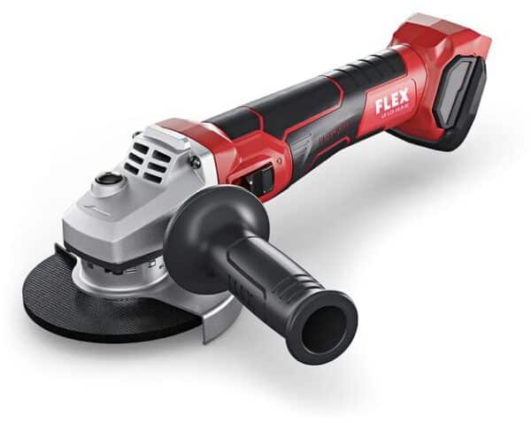 En röd och svart FLEX Batteridriven vinkelslip med broms 18,0 V, 125 mm LB 125 18,0-EC C med sidohandtag, märkt "FLEX" på handtaget.