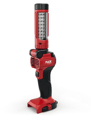 Röd och svart Arbetslampa LED FLEX WL 18.0 med justerbart huvud och handtag.