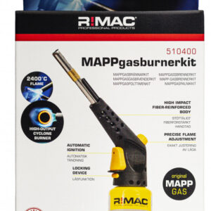 R!MAC MAPP-GASBRÄNNARKIT i originalförpackning, med en slagkraftig, fiberförstärkt kropp, automatisk tändning, exakt flamjustering och en 2400°C låga.