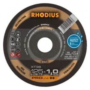 Närbild av en RHODIUS KAPSKIVOR XT38 125x1,0x22,23 (50 st) kapskiva för rostfritt stål. Den har specifikationer som 125 x 1,0 mm, max RPM på 12 200 och HydroProtect-beläggning för optimal prestanda.