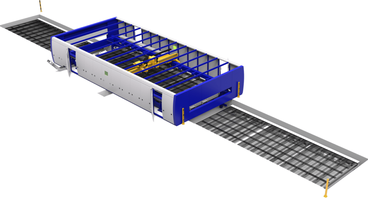 En stor, rektangulär industrimaskin med blå och grå komponenter och gula inre delar, monterad mellan två sektioner av ett transportbandssystem.