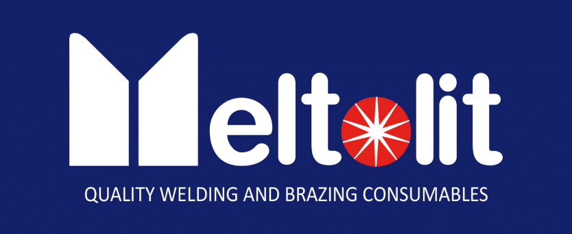 Logotyp för Meltolit med texten "QUALITY WELDING AND BRAZING CONSUMALES" på blå bakgrund. Bokstaven 'O' i Meltolit är stiliserad med en röd starburst-design.