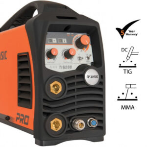 Orange och svart JASIC PRO TIG 200 JT-200 med kontrollrattar och kontakter, visas bredvid ikoner som indikerar DC, TIG, MMA-funktioner och en 5-års garanti.
