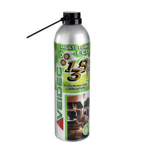 En behållare med Veidec Multi Lube Eco 500 ml med ett spraymunstycke, med gröna och metalliska färger, och "1, 2, 3" på etiketten. Produkten annonseras som lätt biologiskt nedbrytbar.
