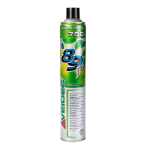 En burk med Veidec Super Foam 750 ml, med en grön och vit etikett, produktinformation och varumärke.