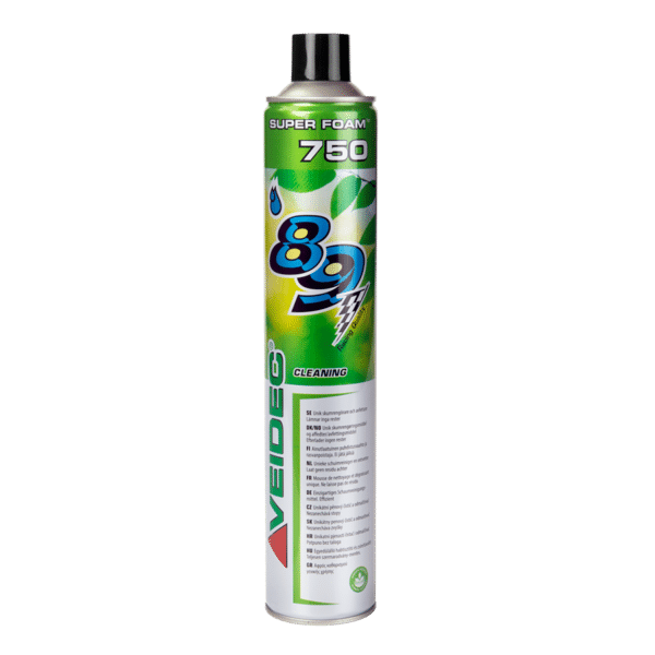 En burk med Veidec Super Foam 750 ml, med en grön och vit etikett, produktinformation och varumärke.