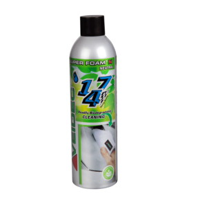 En silversprayburk märkt "Veidec Super Foam Neutral 500ml" med en grön och blå design, med bilder av vattendroppar och en hand som rengör en yta. Produkten beskrivs som lätt biologiskt nedbrytbar.