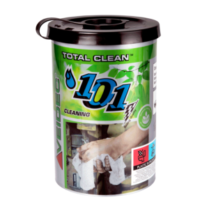 En cylindrisk behållare med Veidec våtservetter Total Clean med bilder som visar handavtorkning, grön grafik och produktdetaljer på etiketten.