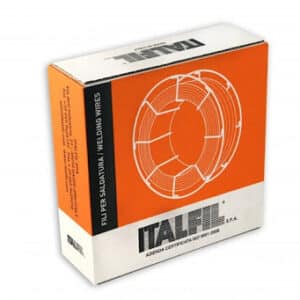 Box av Homogen mig-tråd Italfil SG3, 5 kg spole, för låg- och olegerat stål med orange och vit design. Framsidan av lådan har en linjeritning av lindad tråd och text med texten "FIL PER SALDATURA / WELDING WIRES" och Italfil-logotypen.
