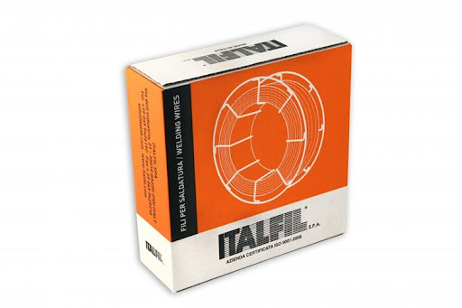 Box av Homogen mig-tråd Italfil SG3, 5 kg spole, för låg- och olegerat stål med orange och vit design. Framsidan av lådan har en linjeritning av lindad tråd och text med texten "FIL PER SALDATURA / WELDING WIRES" och Italfil-logotypen.