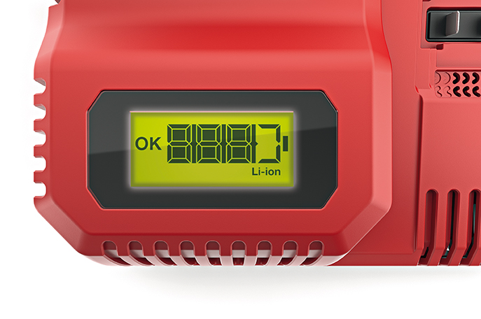 Närbild av en digital display på en röd FLEX Snabbladdare 10.8/18.0V som visar "OK" och "8888.7" med "Li-ion" skrivet under.