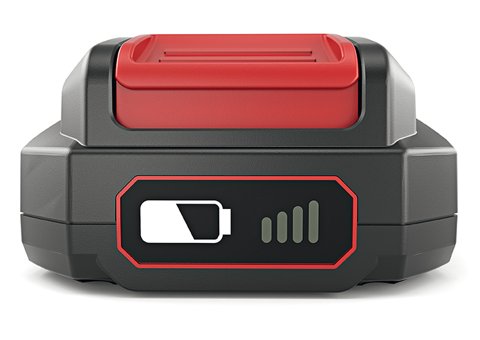 Ett svart och rött FLEX Batteri Li-Ion 18,0V 2,5Ah med en batterinivåindikator som visar full laddning.