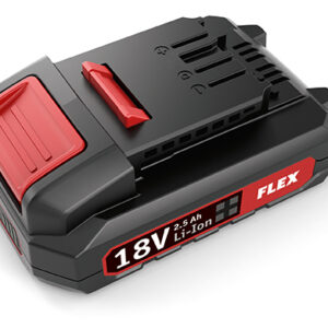En FLEX Batteri Li-Ion 18,0V 2,5Ah med en svart och röd design, med en rektangulär form och en låsklämma.