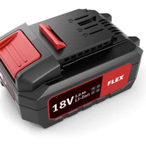 Ett svart och rött FLEX Batteri Li-Ion 18,0 V 5,0 Ah.