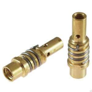 Två Munstycksfäste SGB 150 A M6 (MB15) med gängade ändar och spiralformade metallfjädrar runt mitten, designade för att ansluta och säkra slangar eller rör i pneumatiska system.