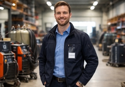 En man i marinblå arbetsjacka och namnskylt står i en lagerlokal eller industriverkstad och ler mot kameran. Hyllor och maskiner syns i bakgrunden.