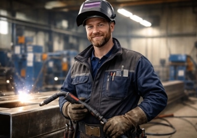 En man i skyddsutrustning och svetshjälm står i en industriverkstad, håller i svetsutrustning och ler mot kameran. Gnistor syns i bakgrunden.