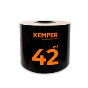 En stor cylindrisk filterpatron med svart yta märkt "Ersättningsfilter 42 m² Kemper för SmartFil / MaxiFil / WallMaster" i fet orange text.