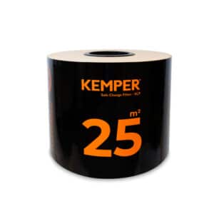 En svart cylindrisk Ersättningsfilter 25 m2 Kemper för SmartFil-rulle med "KEMPER" i orange upptill och "25 m²" i stor orange text i mitten.